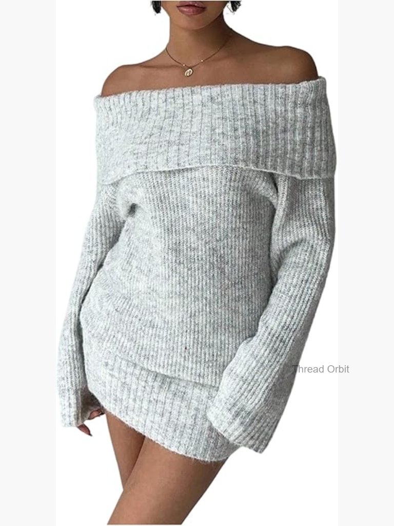 Off Shoulder Mini Dress Long Sleeve Bodycon Knit Sweater Dress